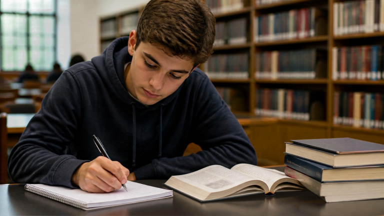 High school student comparing information on a laptop with a passage in an open reference book.