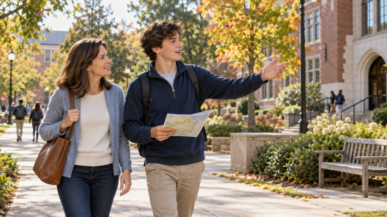 A parent and teenager walking along a campus path, with the student holding a campus map and pointing toward a building.