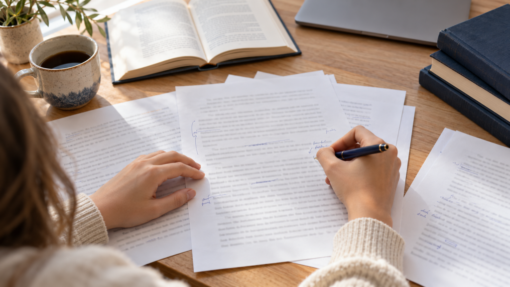 Student revising a printed essay with handwritten notes beside an open book and closed laptop.