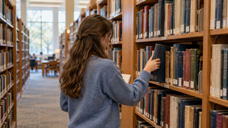 Student selecting a reference book from a library shelf while holding a notebook.
