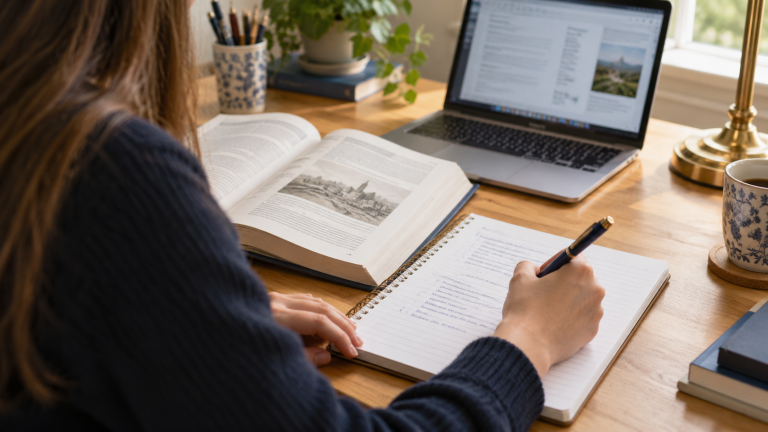 Student writing in a notebook beside an open reference book and laptop