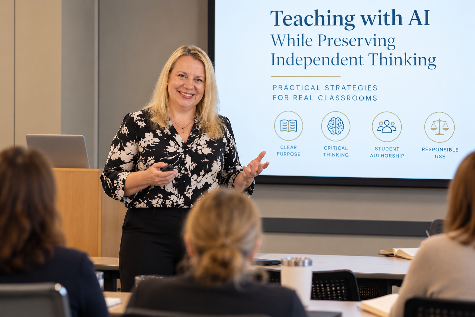 Deanna Heikkinen leading professional development on teaching with AI