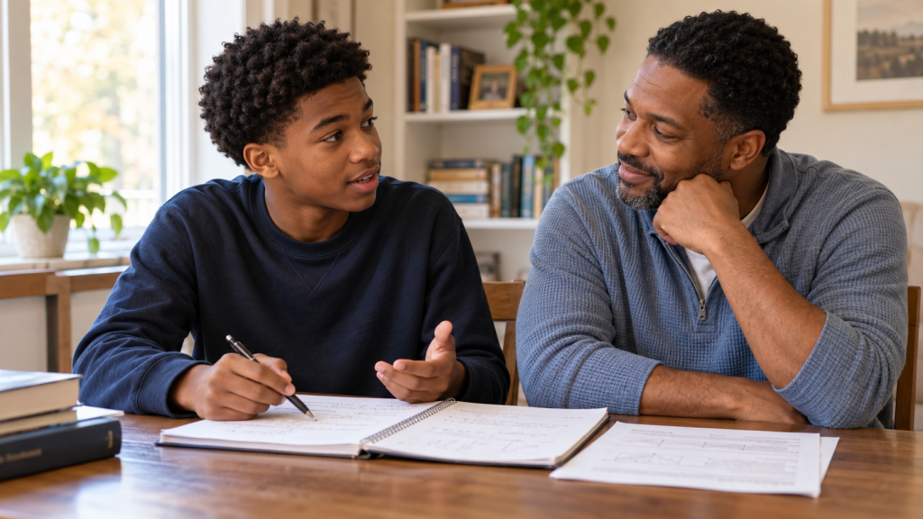 Teenager explaining schoolwork in an open notebook while his father listens beside him at a table.