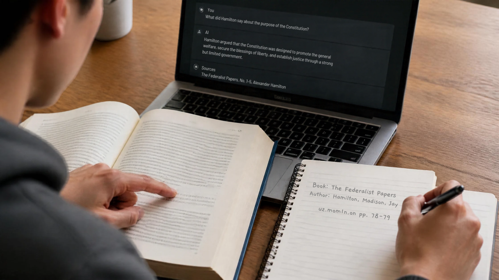 Student writing in a notebook beside an open reference book and laptop