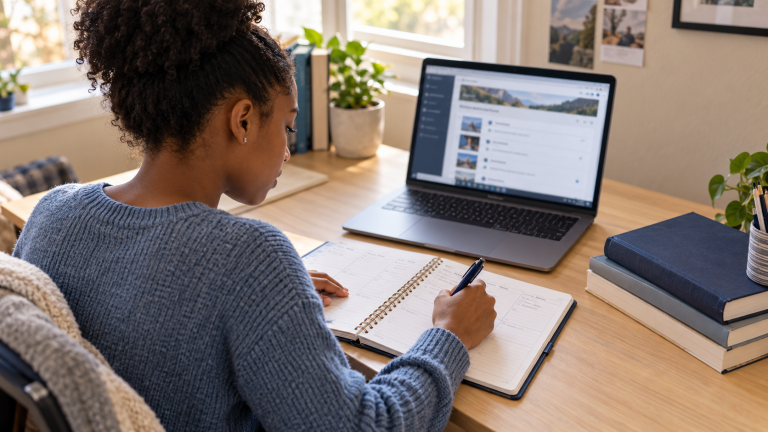high school student using her planner, with textbooks nearby and an online class page visible on the laptop behind her.